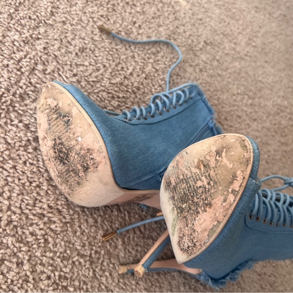 Women's Frayed Denim Peep Toe Stiletto Booties  Lace Up Size 6 - Picture 13 of 14